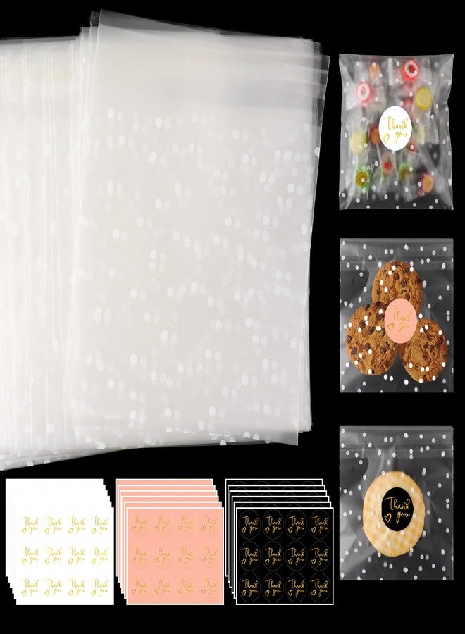Motroce 416PCS Self Adhesive Cookie Bags Set, 200 Matte Semi Transparent White Polka Dot Cellophane Treat Bags with 216 Thank You Stickers for Bakery Biscuit Chocolate Snacks Dessert(5.5x5.5 Inches,Thicken) - Image 1